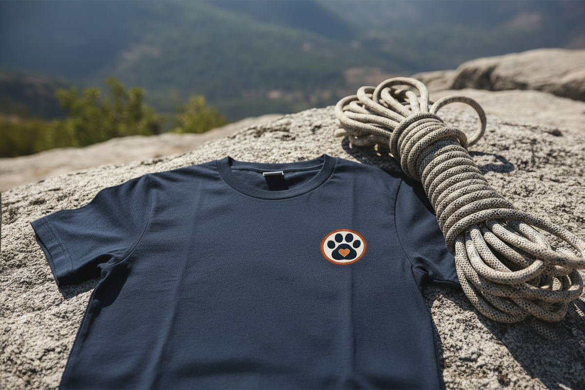 Navy tee on rock - no bottom right logo